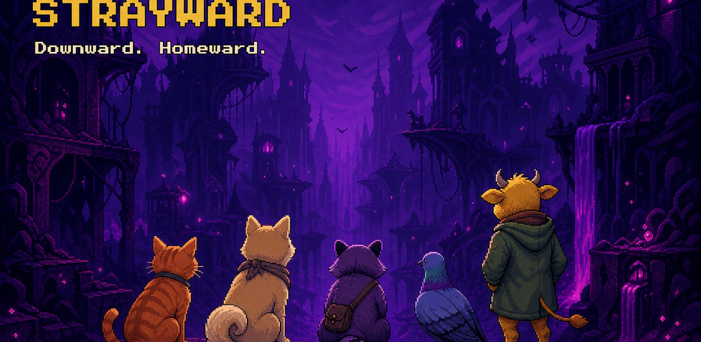 Four strays above a ruined neon city with the Strayward logo